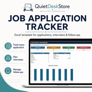 May include: A digital job application tracker Excel template displayed on a laptop screen. The interface features a job search dashboard with metrics for applications, interviews, offers, and follow-ups, alongside a bar chart application pipeline.
