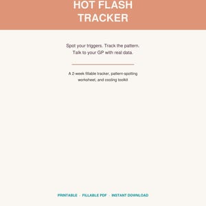 Könnte beinhalten: Ein digitales Dokument mit dem Titel NIGHT SWEATS & HOT FLASH TRACKER und einem pfirsichfarbenen Kopfbereich. Es enthält den Text: Spot your triggers. Track the pattern. Talk to your GP with real data. A 2-week fillable tracker, pattern-spotting worksheet, and cooling toolkit.