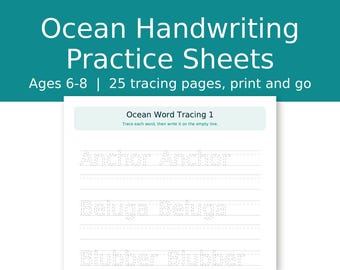 Oefenbladen voor handschrift met oceaan-thema voor kinderen van 6-8 jaar, werkbladen voor het overtrekken van woorden en letters, schrijfoefeningen voor groep 1, alfabet