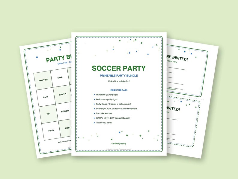 Fußball-Geburtstagsbingo, druckbares Kinderparty-Spieleset mit Einladungen, Banner, Scharade und Schnitzeljagd Bild 2