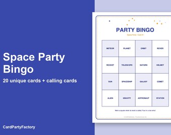 Ruimtefeest Bingo Kaarten, 20 printbare verjaardagsbingokaarten met oproepkaarten, kinderfeestspel, direct te downloaden