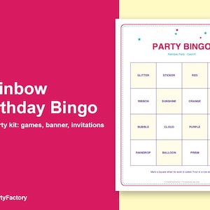 Search thumbnail: Rainbow Birthday Bingo, Printable Kids Party Games Kit with Invitations, Banner, Charades and Scaven