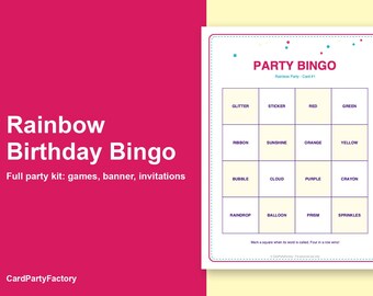 Regenboog verjaardagsbingo, printbare spelletjeskit voor kinderfeestjes met uitnodigingen, banner, charades en speurtocht.
