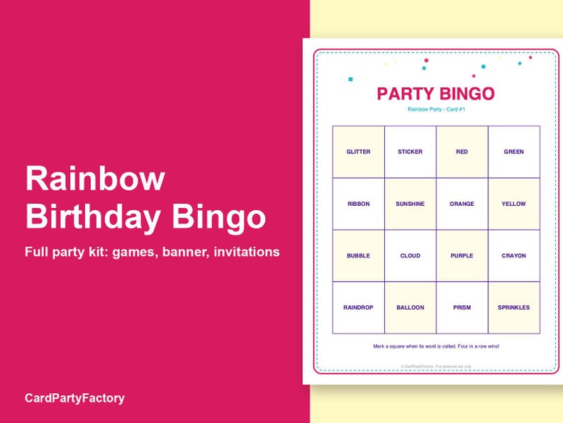 Search thumbnail: Rainbow Birthday Bingo, Printable Kids Party Games Kit with Invitations, Banner, Charades and Scaven