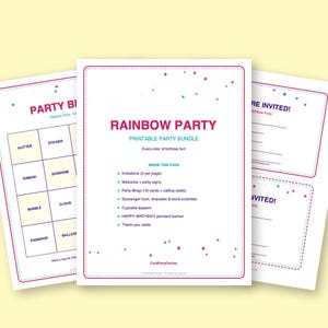 Rainbow Birthday Bingo, Printable Kids Party Games Kit with Invitations, Banner, Charades and Scavenger Hunt image 2