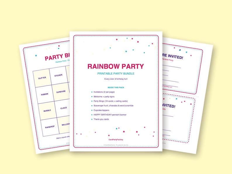 Rainbow Birthday Bingo, Printable Kids Party Games Kit with Invitations, Banner, Charades and Scavenger Hunt image 2