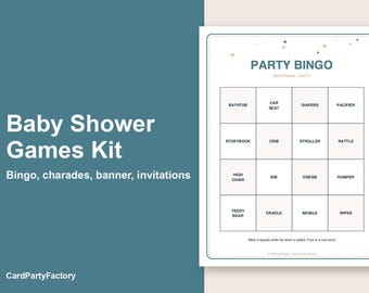 Printbare spelletjes voor een babyshower: bingo, charades, speurtocht en woordpuzzel, inclusief uitnodigingen, banner en bordjes. Direct te downloaden.