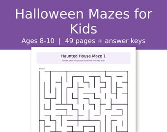 Halloween-doolhoven voor kinderen van 8-10 jaar, wiskundewerkbladen voor groep 3 en 4, woordzoekers, overtrekken, kleuren op nummer, 49 pagina's tellend printbaar PDF-bestand