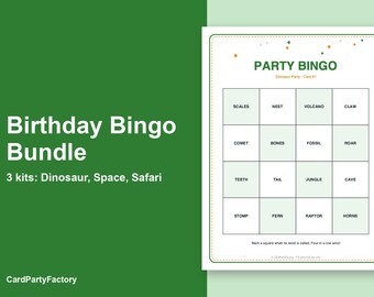 Pack Bingo Anniversaire, 3 kits de jeux de fête à imprimer : Dinosaure, Espace, Safari avec invitations et bannières