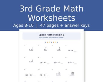 Rekenoefeningen voor groep 3, thema ruimte, leeftijd 8-10, vermenigvuldigen, delen, breuken, doolhoven, kleuren op nummer (pdf-download)