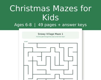 Kerstdoolhoven voor kinderen van 6-8 jaar, woordzoekers, rekenbladen voor groep 1 en 2, oefenpagina's om te overtrekken, printbare pdf met antwoorden.