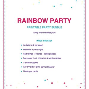 Rainbow Birthday Bingo, Printable Kids Party Games Kit with Invitations, Banner, Charades and Scavenger Hunt image 4