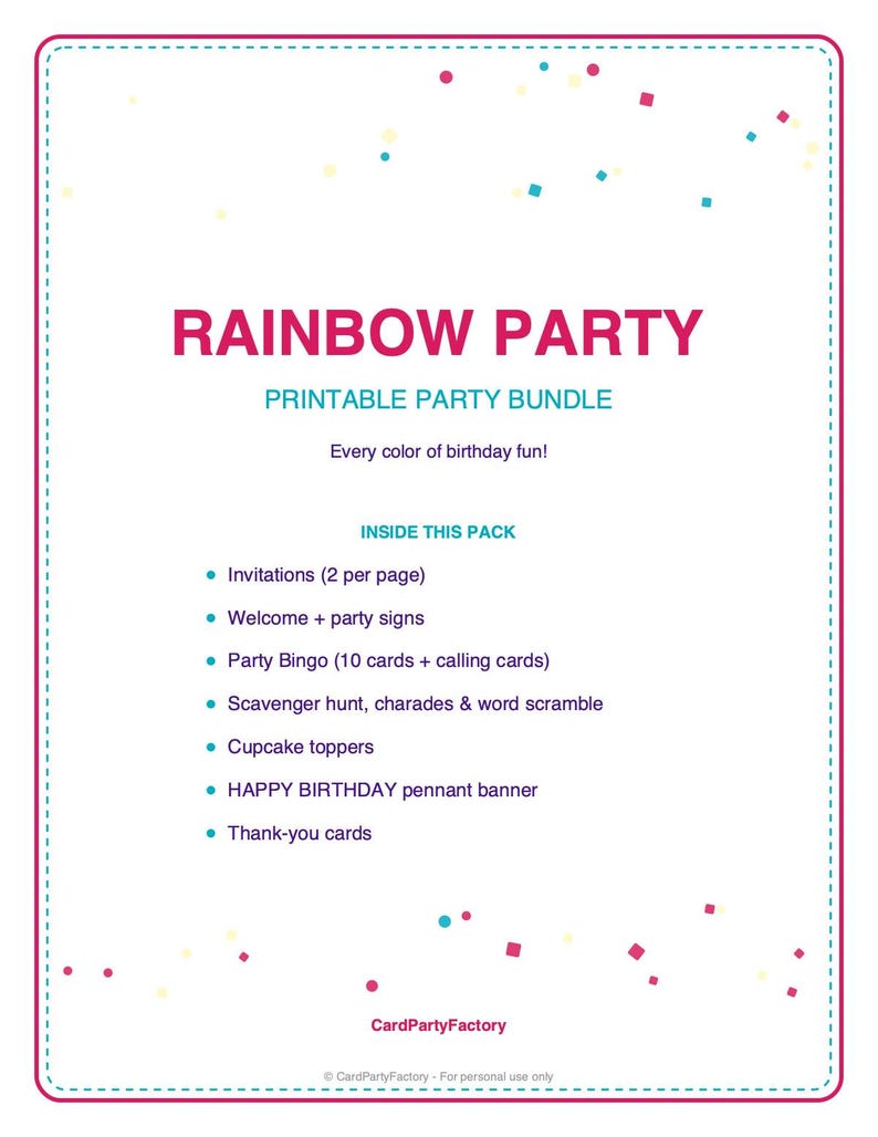 Rainbow Birthday Bingo, Printable Kids Party Games Kit with Invitations, Banner, Charades and Scavenger Hunt image 4
