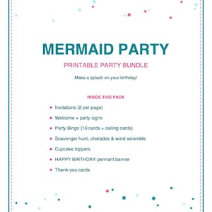 Bingo d'anniversaire sirène, kit de jeux imprimables pour enfants avec invitations, banderole, charades et chasse au trésor image 4