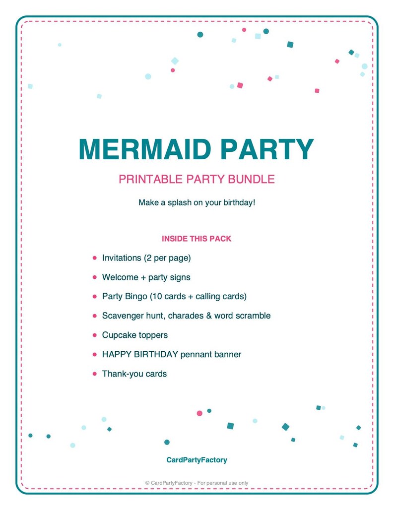 Bingo d'anniversaire sirène, kit de jeux imprimables pour enfants avec invitations, banderole, charades et chasse au trésor image 4