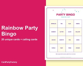 Regenboogfeestbingokaarten, 20 printbare verjaardagsbingokaarten met oproepkaarten, kinderfeestspel, direct te downloaden