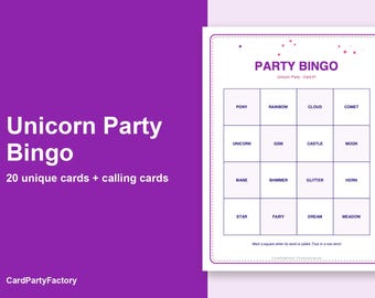 Eenhoornfeestbingokaarten, 20 printbare verjaardagsbingokaarten met oproepkaarten, kinderfeestspel, direct te downloaden