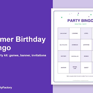 Search thumbnail: Gamer Birthday Bingo, Printable Kids Party Games Kit with Invitations, Banner, Charades and Scavenge