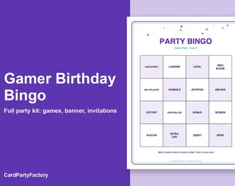 Gamer Birthday Bingo, Printable Kids Party Games Kit with Invitations, Banner, Charades and Scavenger Hunt