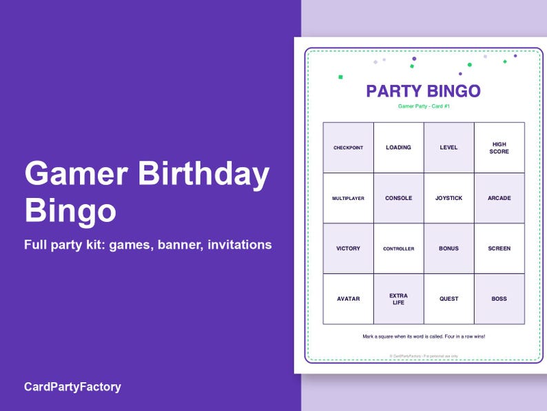 Search thumbnail: Gamer Birthday Bingo, Printable Kids Party Games Kit with Invitations, Banner, Charades and Scavenge