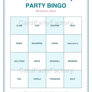 Bingo d'anniversaire sirène, kit de jeux imprimables pour enfants avec invitations, banderole, charades et chasse au trésor image 6