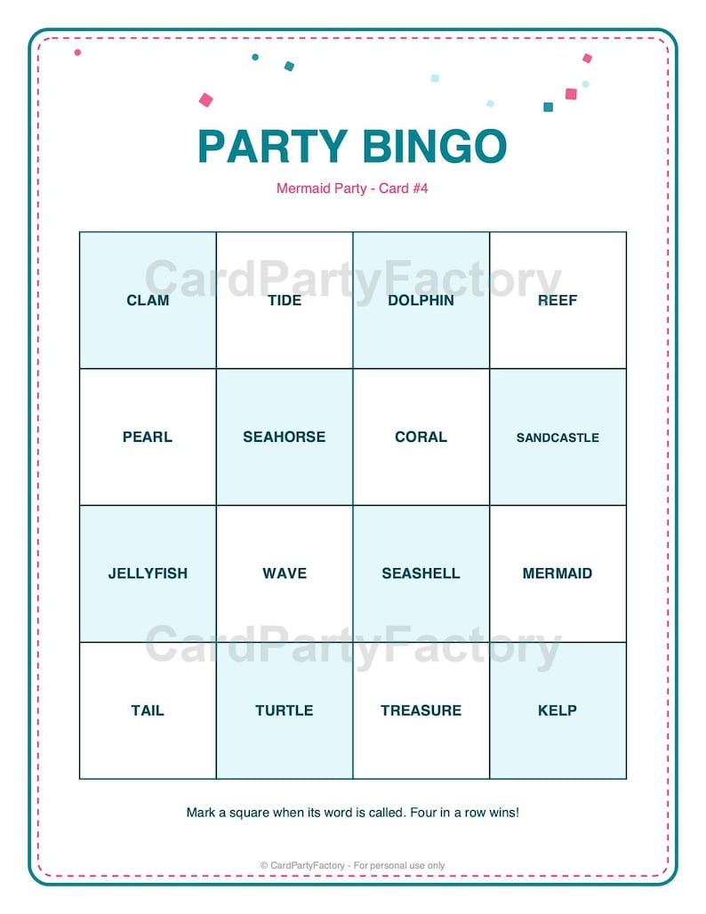 Bingo d'anniversaire sirène, kit de jeux imprimables pour enfants avec invitations, banderole, charades et chasse au trésor image 6