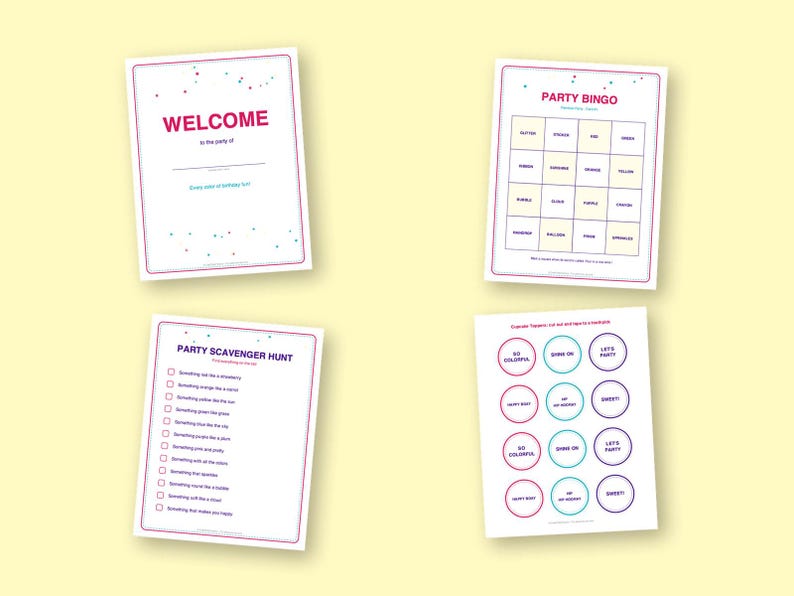 Rainbow Birthday Bingo, Printable Kids Party Games Kit with Invitations, Banner, Charades and Scavenger Hunt image 3