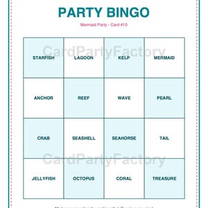 Bingo d'anniversaire sirène, kit de jeux imprimables pour enfants avec invitations, banderole, charades et chasse au trésor image 7