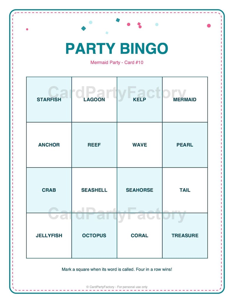 Bingo d'anniversaire sirène, kit de jeux imprimables pour enfants avec invitations, banderole, charades et chasse au trésor image 7