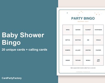 Babyshower bingokaarten, 20 printbare babyshower bingokaarten met oproepkaarten, direct te downloaden