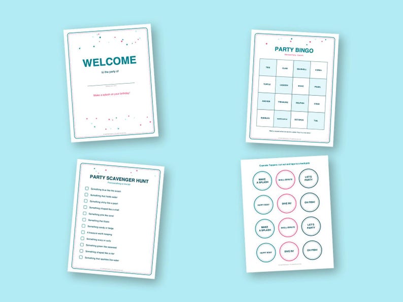 Bingo d'anniversaire sirène, kit de jeux imprimables pour enfants avec invitations, banderole, charades et chasse au trésor image 3