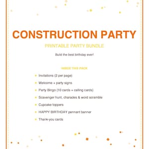 Construction Birthday Bingo, Printable Kids Party Games Kit with Invitations, Banner, Charades and Scavenger Hunt image 4