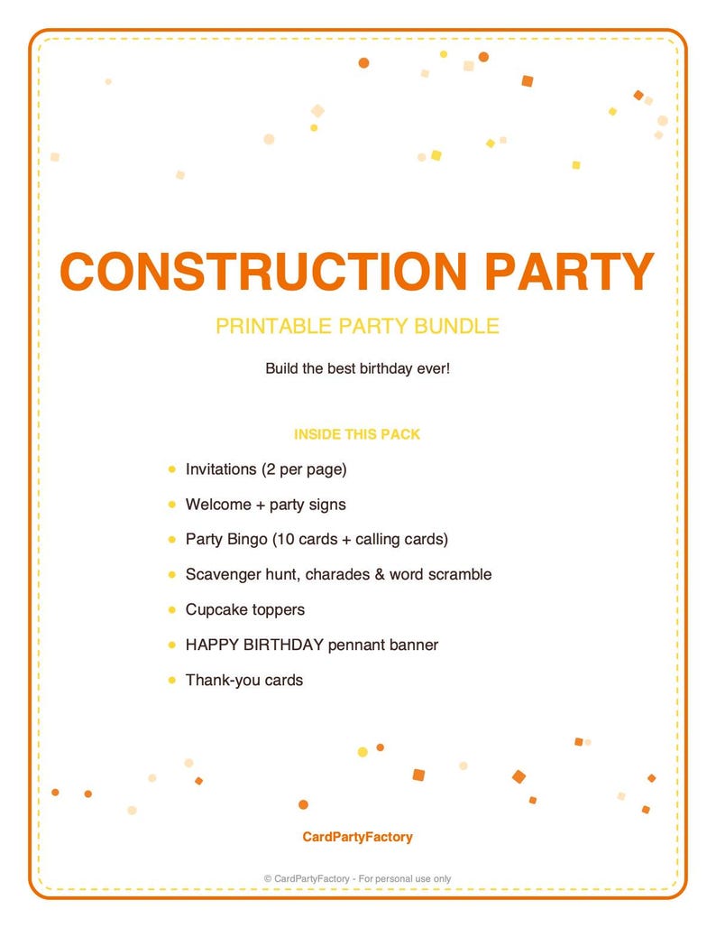 Construction Birthday Bingo, Printable Kids Party Games Kit with Invitations, Banner, Charades and Scavenger Hunt image 4