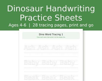Oefenbladen voor het schrijven van dinosaurussen voor kinderen van 4-6 jaar, werkbladen voor het overtrekken van letters en woorden, schrijfoefeningen voor kleuters met het alfabet.