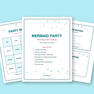 Bingo d'anniversaire sirène, kit de jeux imprimables pour enfants avec invitations, banderole, charades et chasse au trésor image 2