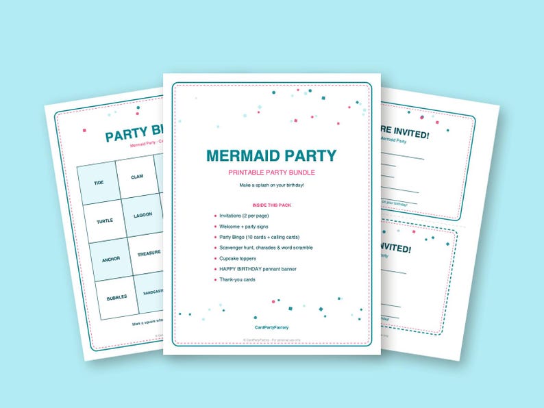 Bingo d'anniversaire sirène, kit de jeux imprimables pour enfants avec invitations, banderole, charades et chasse au trésor image 2