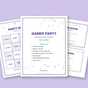 Gamer Födelsedagsbingo, Utskrivbart Barnkalas Spelkit med Inbjudningar, Banderoll, Charader och Skattjakt bild 2
