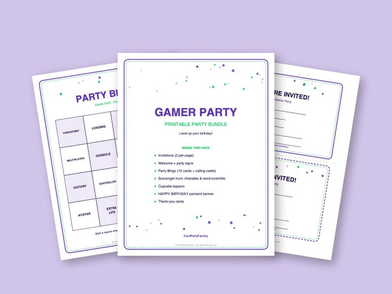 Gamer Födelsedagsbingo, Utskrivbart Barnkalas Spelkit med Inbjudningar, Banderoll, Charader och Skattjakt bild 2