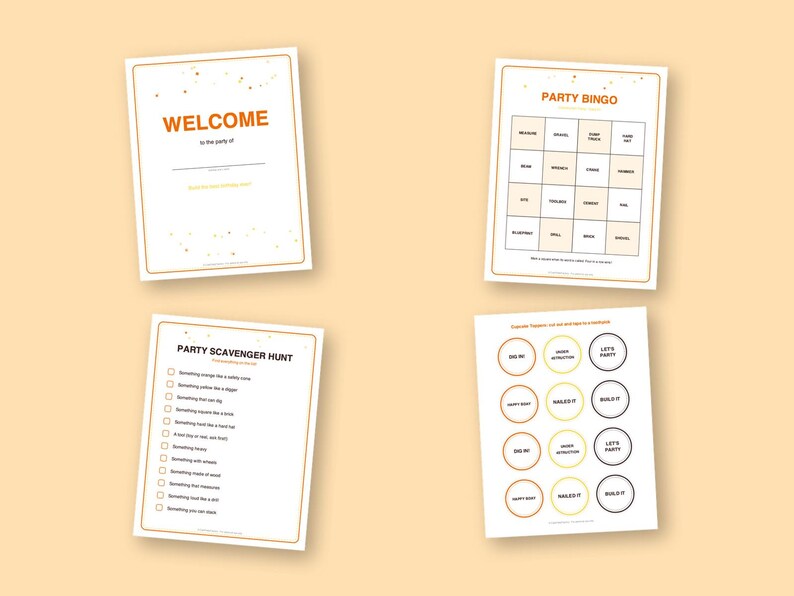 Construction Birthday Bingo, Printable Kids Party Games Kit with Invitations, Banner, Charades and Scavenger Hunt image 3