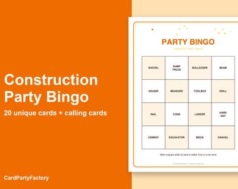 Bouwfeest Bingo Kaarten, 20 printbare verjaardagsbingokaarten met oproepkaarten, kinderfeestspel, direct te downloaden