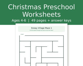 Kerstwerkbladen voor kleuters van 4-6 jaar, doolhoven, woordzoekers, rekenen en overtrekken, 49 pagina's met antwoorden, printbaar PDF-bestand voor de kleuterklas