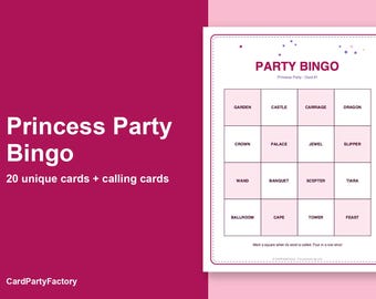 Prinsessenfeest Bingo Kaarten, 20 printbare verjaardagsbingokaarten met oproepkaarten, kinderfeestspel, direct te downloaden