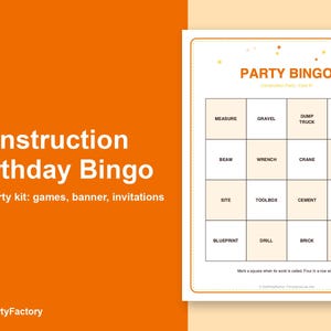 Search thumbnail: Construction Birthday Bingo, Printable Kids Party Games Kit with Invitations, Banner, Charades and S