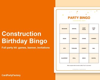 Könnte beinhalten: Eine Bingo-Spielkarte zum Thema Bauwesen mit einem Vier-mal-vier-Raster, das Wörter wie measure, gravel, dump truck, hard hat, beam, wrench, crane, hammer, site, toolbox, cement, nail, blueprint, drill, brick und shovel enthält.
