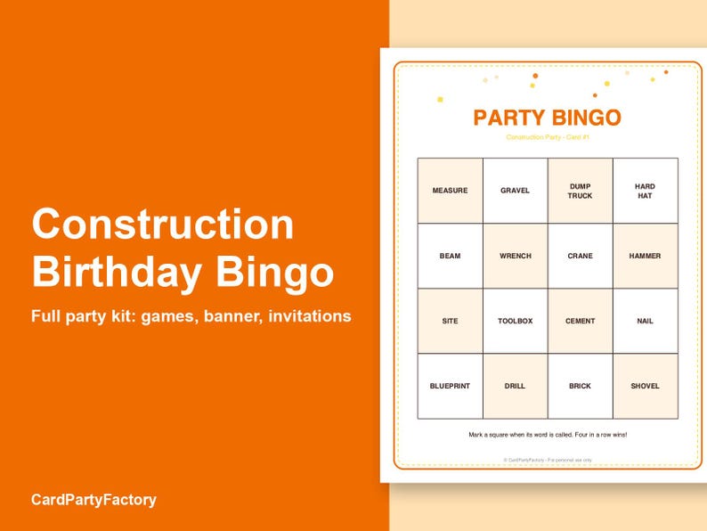 Search thumbnail: Construction Birthday Bingo, Printable Kids Party Games Kit with Invitations, Banner, Charades and S