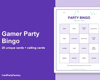 Gamer Party Bingo Kaarten, 20 printbare verjaardagsbingokaarten met oproepkaarten, kinderfeestspel, direct te downloaden