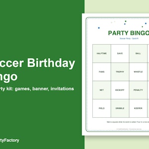Search thumbnail: Soccer Birthday Bingo, Printable Kids Party Games Kit with Invitations, Banner, Charades and Scaveng