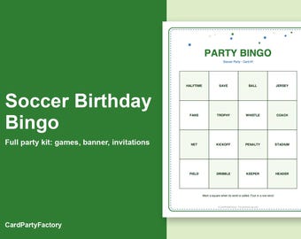 Bingo d'anniversaire sur le thème du football : kit de jeux imprimables pour enfants avec invitations, banderole, charades et chasse au trésor