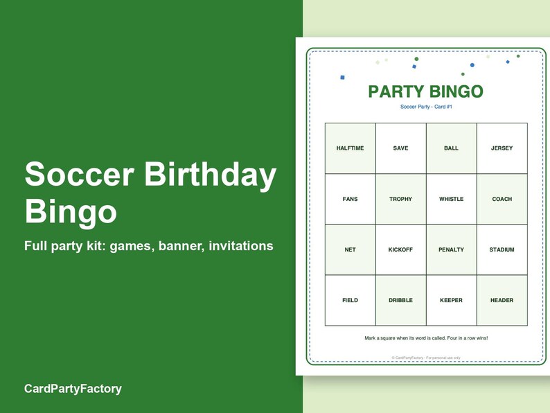 Search thumbnail: Soccer Birthday Bingo, Printable Kids Party Games Kit with Invitations, Banner, Charades and Scaveng