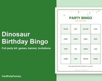 Dinosaur Birthday Bingo, Printable Kids Party Games Kit with Invitations, Banner, Charades and Scavenger Hunt